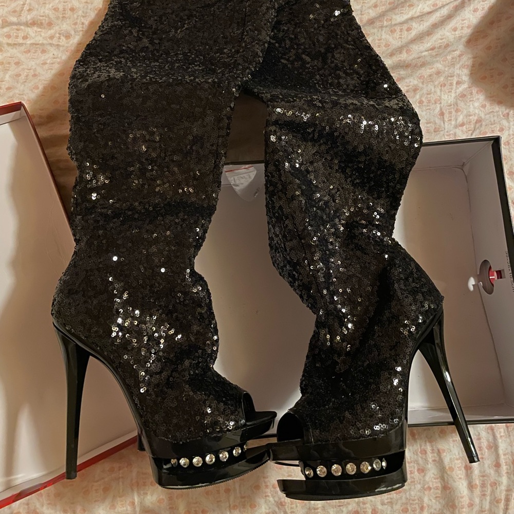 Pleaser Over The Knee High Boot Sequin Black with Diamonds Heels
